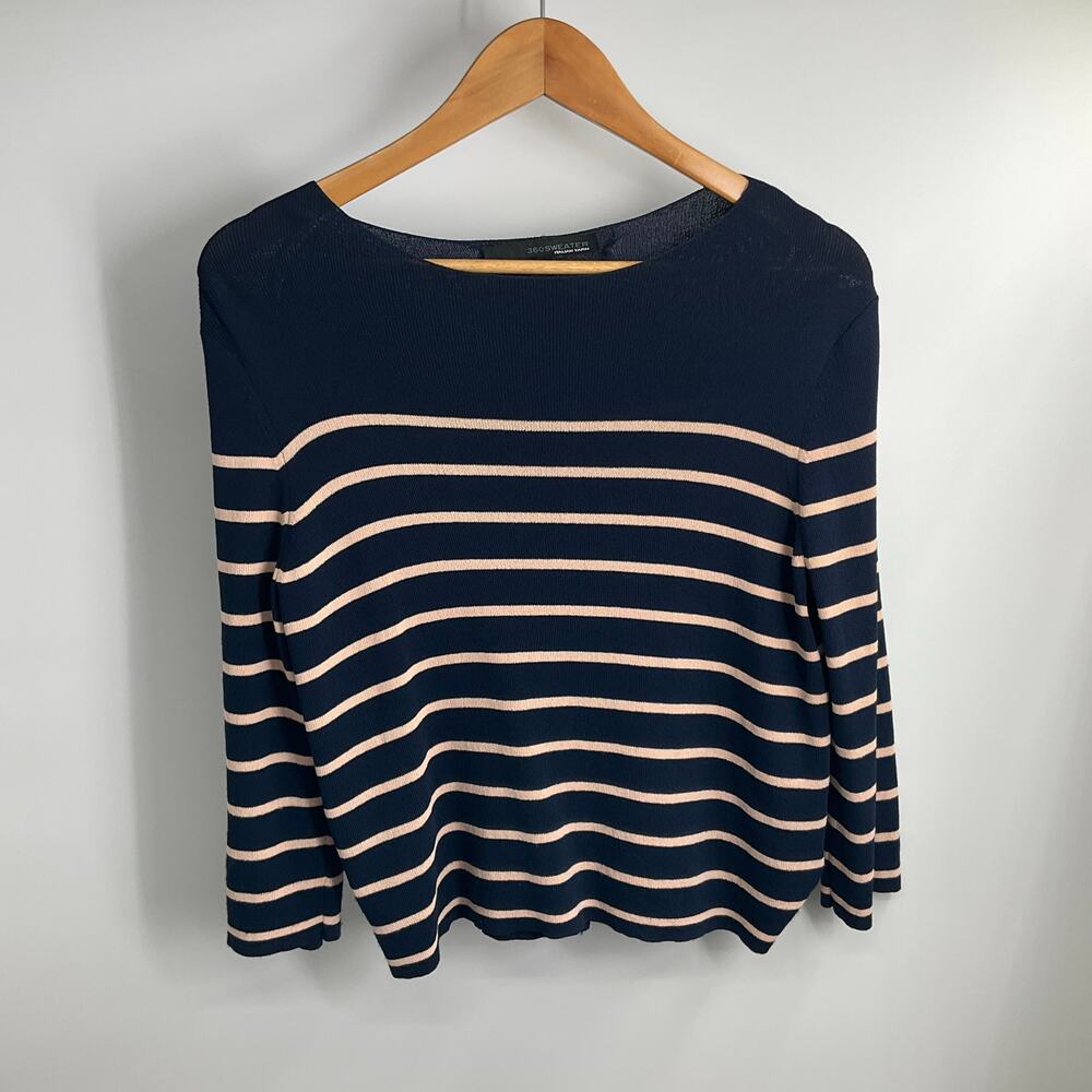 360 Sweater Italian Yarn Navy Blue Cream Stripes Top M Old Money Nautical Luxury